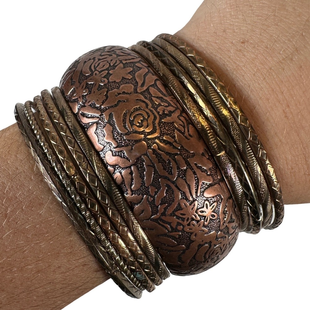 Vintage Style Copper Tone Floral Rose Embossed Bangle Bracelet Set 10 Piece